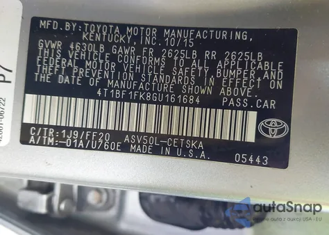 2016 Toyota Camry Se из США, поврежденный, VIN 4T1BF1FK8GU161684